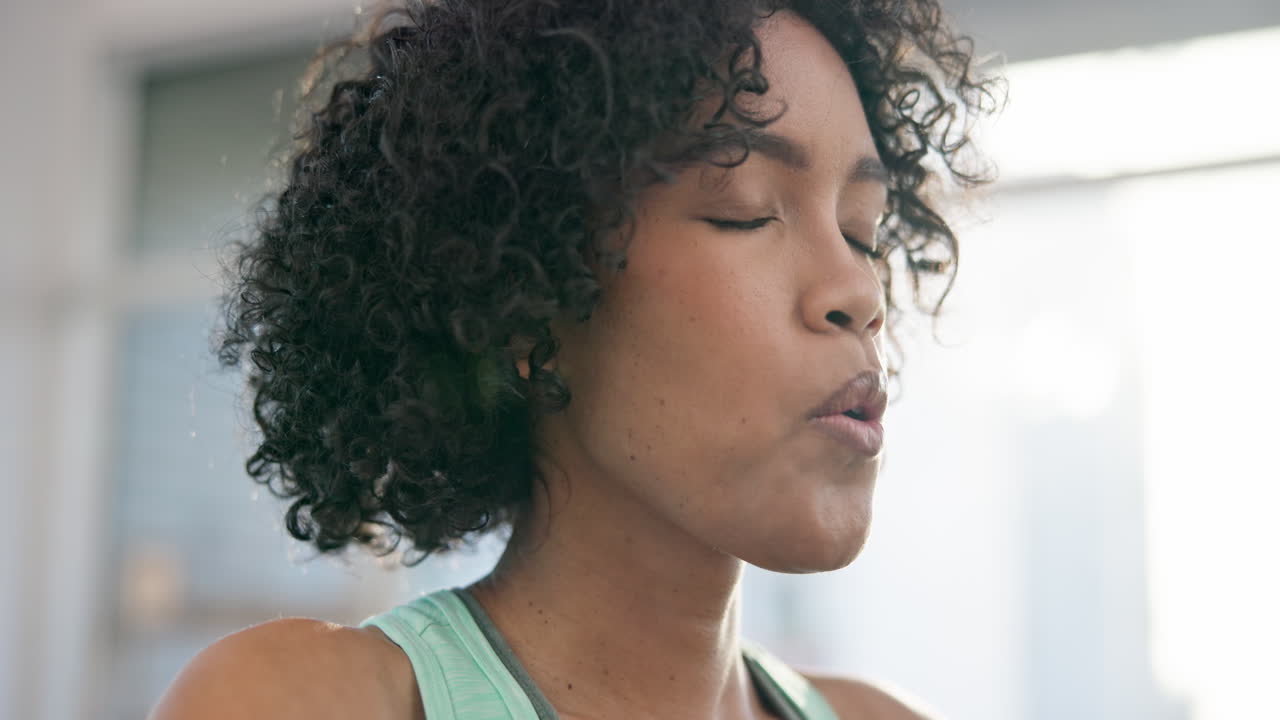 Meditation, yoga and breathing with face of woman