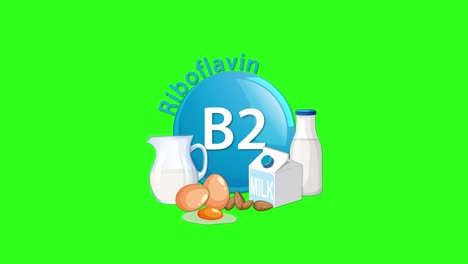 a blue vitamin b2 icon animates in, joined by milk, eggs, and dairy illustrations on a bright green background, using smooth, simple transitions