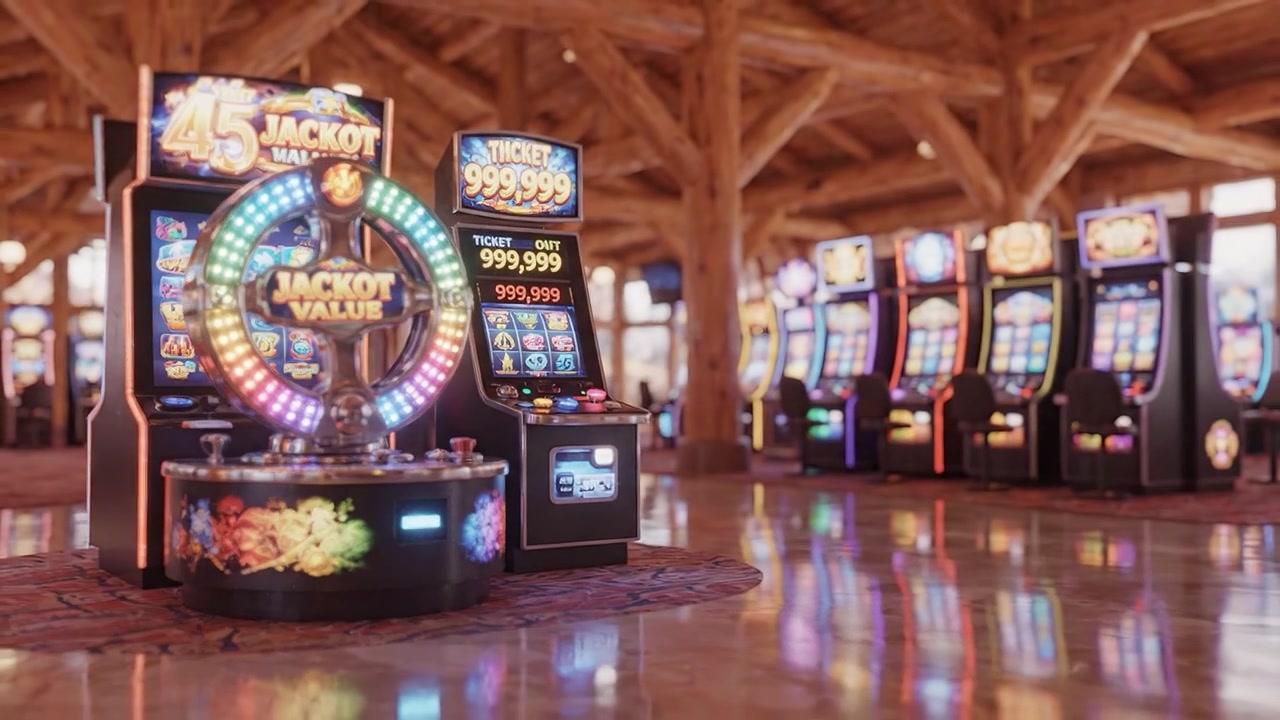 Ambiente di casinò vivace che mostra moderne slot machine con luci colorate e architettura in legno, catturando l'emozione del gioco e dell'intrattenimento.