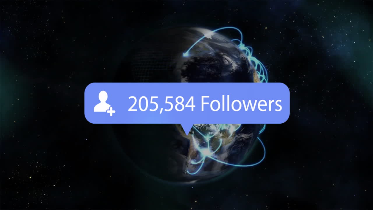 Animation of followers text, data processing and network of connections over globe