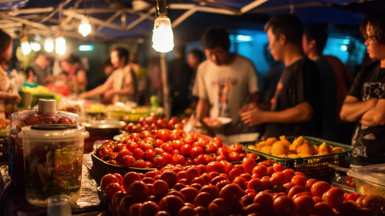 A Bustling Night Market Scene: Vibrant Stalls Overflowing with Fresh Tomatoes and Local Produce, Illuminated by Warm Lights Amidst a Crowded Atmosphere