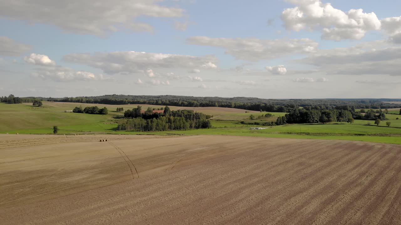 toma aérea en el campo de swowing después de la cosecha, área marrón esperando plantas gorwing, en árboles horizontales y cielo hermoso, toma de dron
