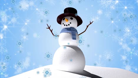 Animation-of-falling-snowflakes-over-snowman-in-winter-scenery