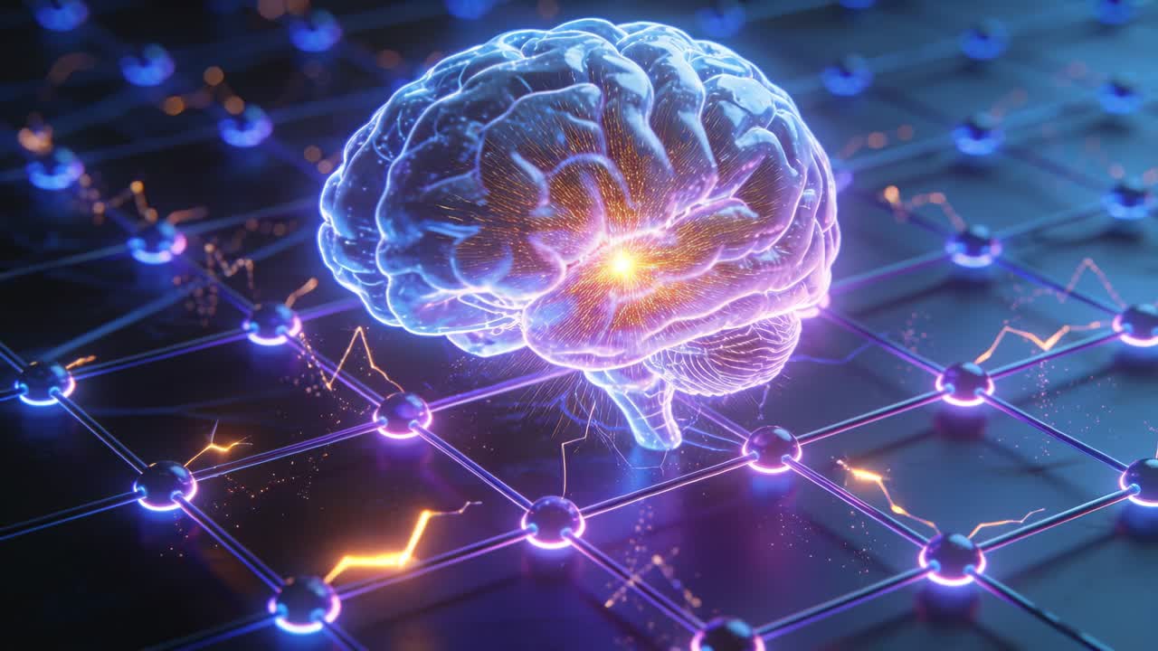 Pulsing holographic brain reacting to electric grid pulses on circuit platform with orange traces