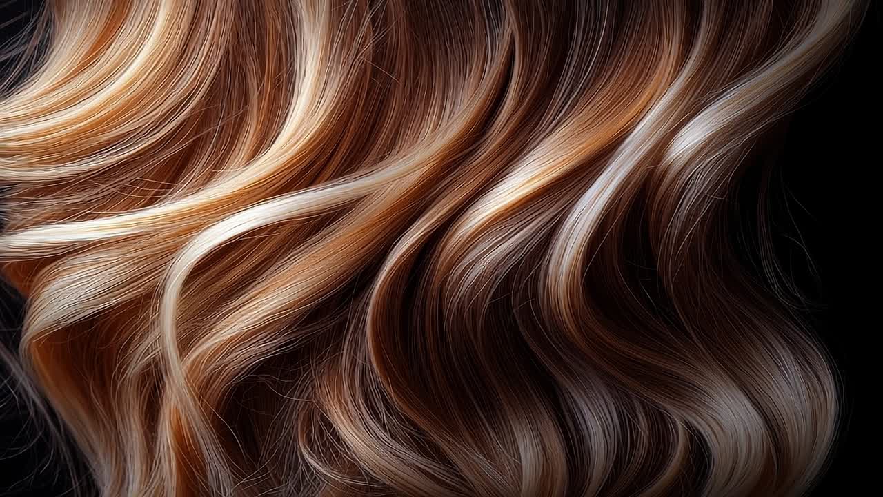 Long hair with lovely highlights. Soft, wavy hair cascades elegantly, showcasing a blend of warm tones and highlights under gentle light.