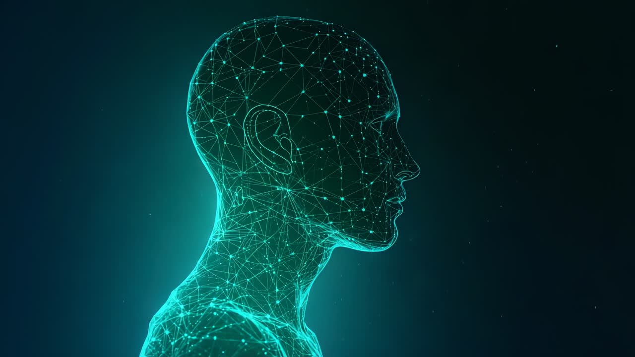 Frames advancing showing digital mesh head powering up in dark teal, lighting nodes and lines