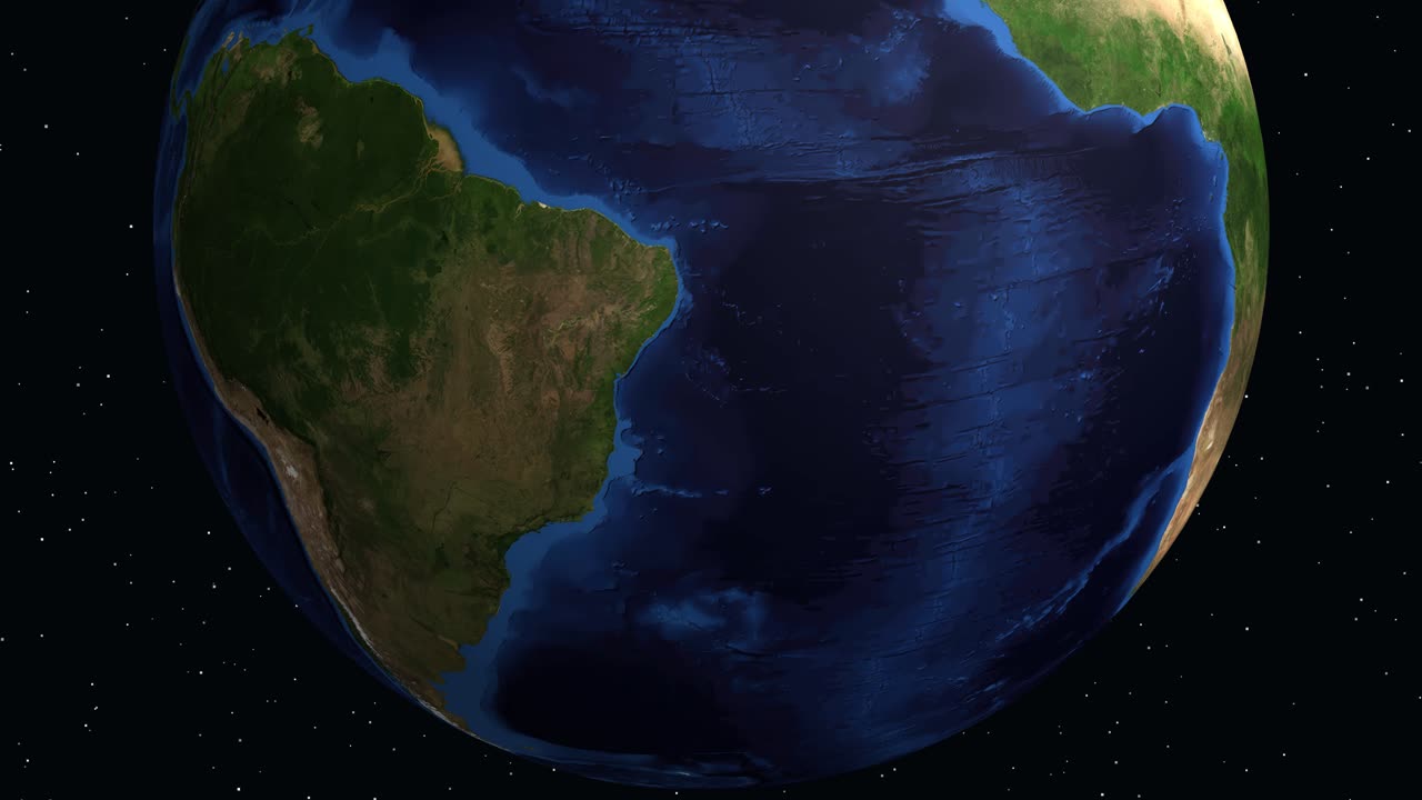 A digital animation zooms from space into South America, highlighting Uberlandia with statistical information