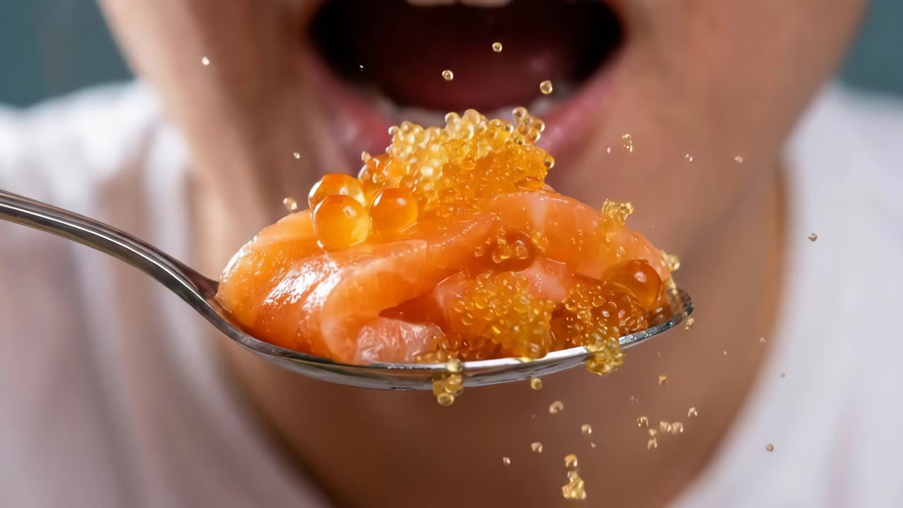 Mangiare salmone e caviale