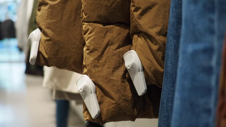 Brown Puffer Jackets with Security Tags in a Clothing Store