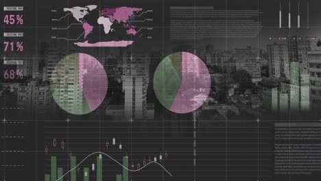 Financial-data-processing-over-grid-network-against-cityscape-in-background