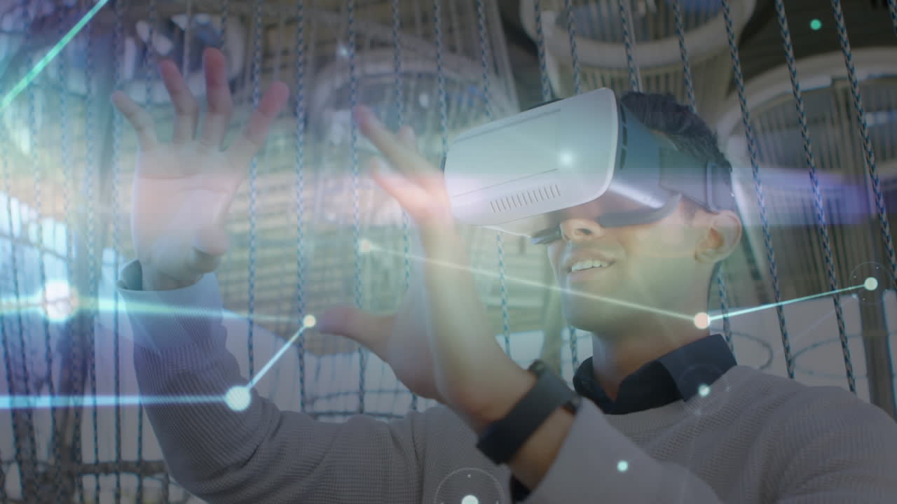 animación de la red de conexiones sobre el hombre que usa auriculares vr