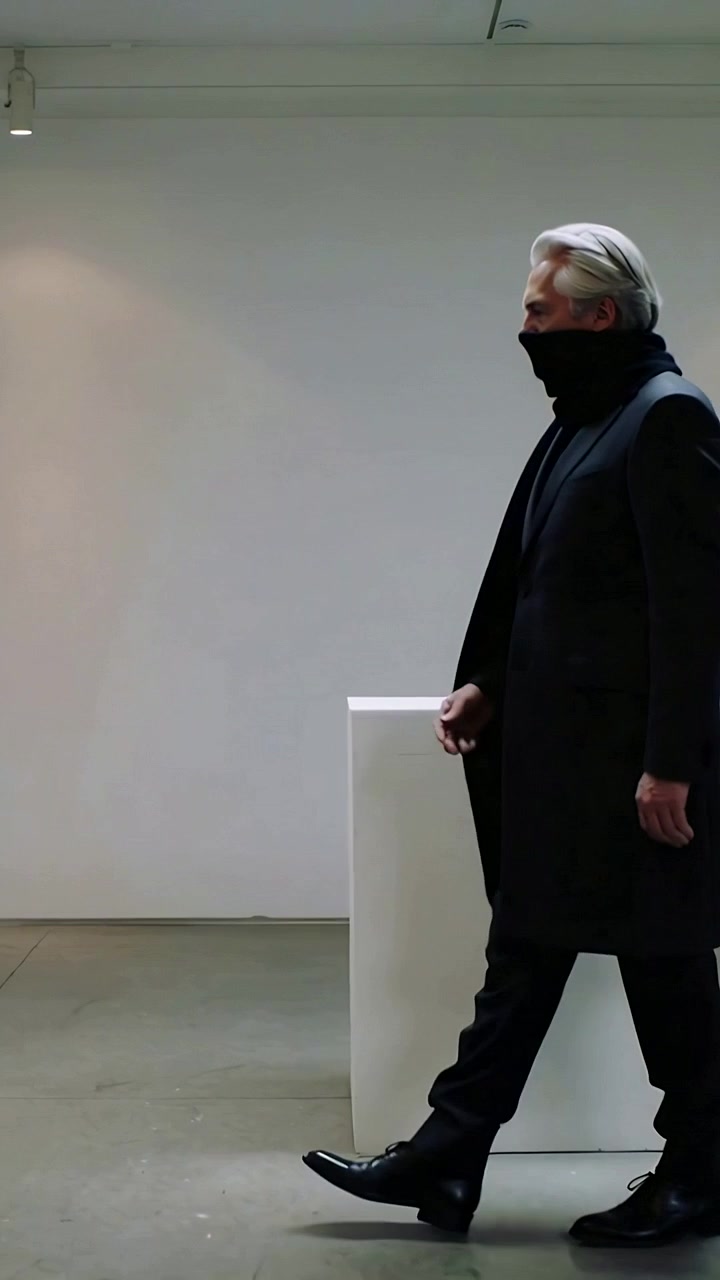 Video verticale: Uomo con cappotto e sciarpa che entra da destra e cammina oltre un piedistallo in una galleria, con spazio per il testo.