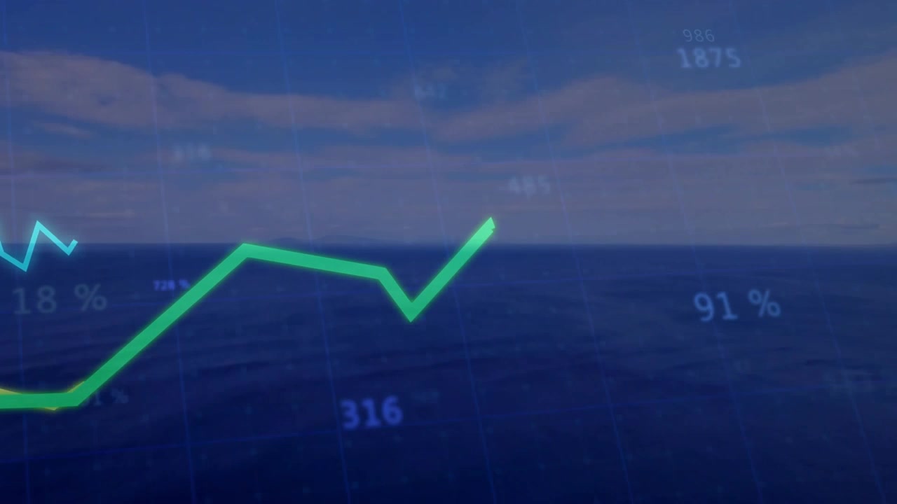 Multi-line chart entering from left updating HUD and peaking while showing live data over calm sea