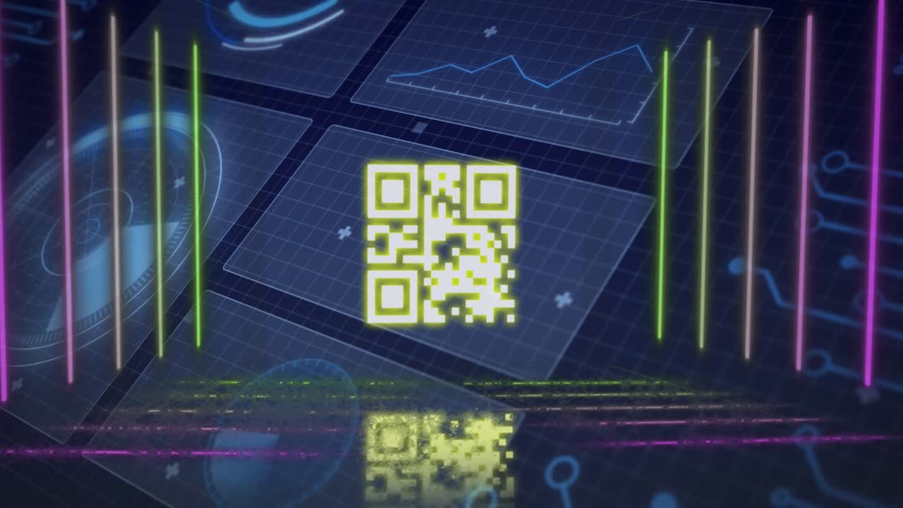 Animation of qr code in abstract pattern over multiple infographic interfaces with circuit board