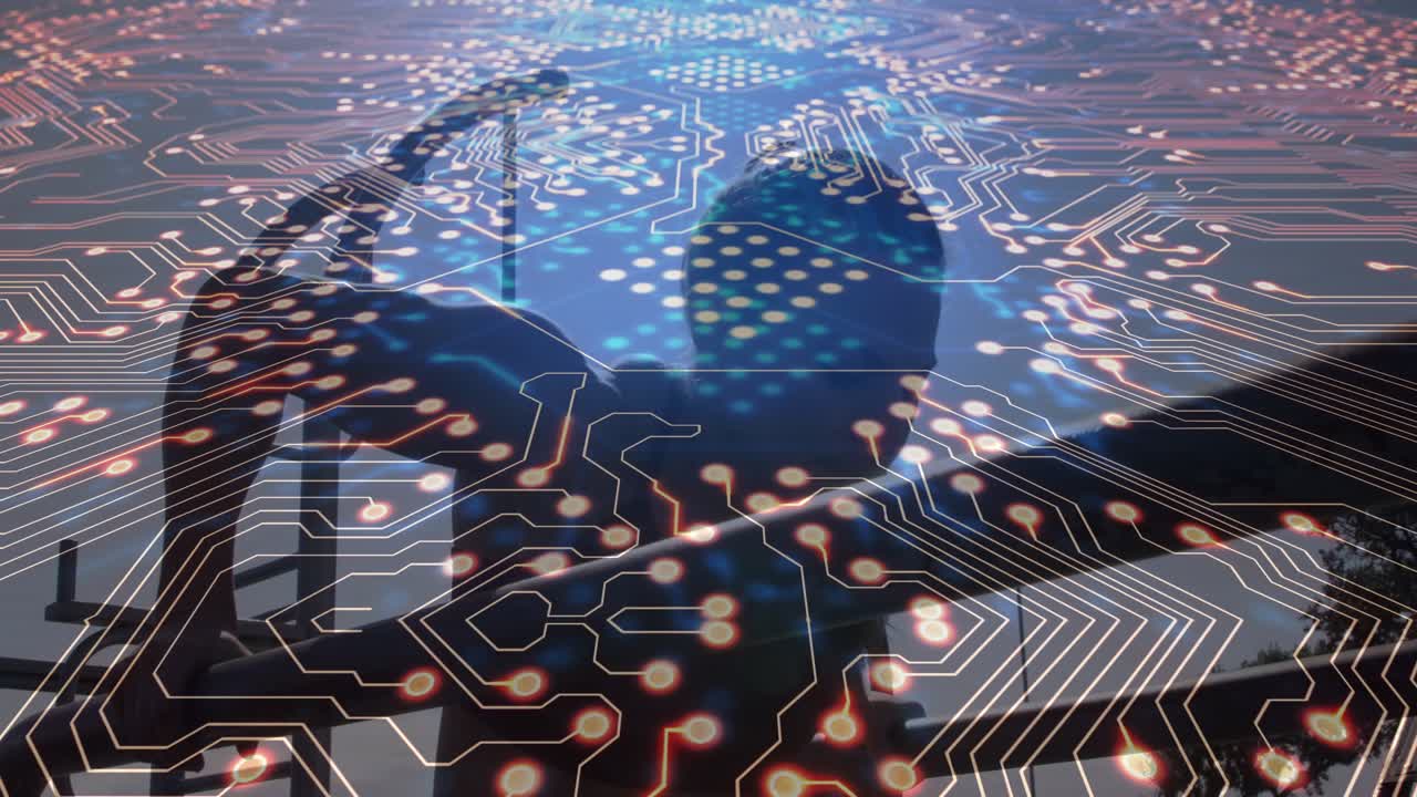 Woman reaching ladder, circuit overlay tracking torso and highlighting nodes, testing tech