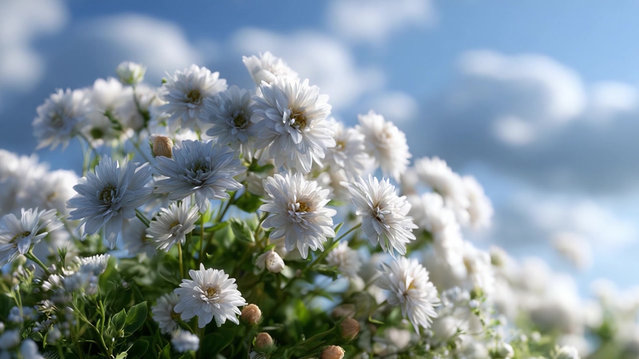 Et fængslende syn af blomstrende hvide blomster mod en lys blå himmel med bløde skyer i baggrunden, der indfanger naturens skønhed og ro.