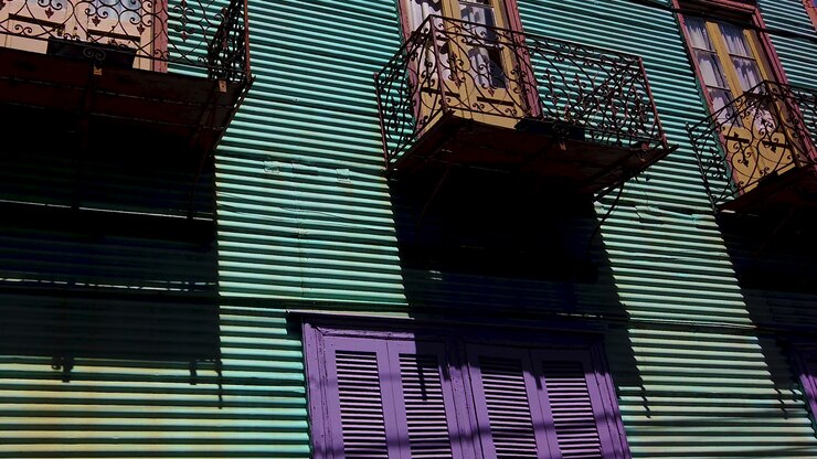 Close Up of historic Houses in Caminito La Boca Buenos Aires Argentina, balconies, vintage and colorful