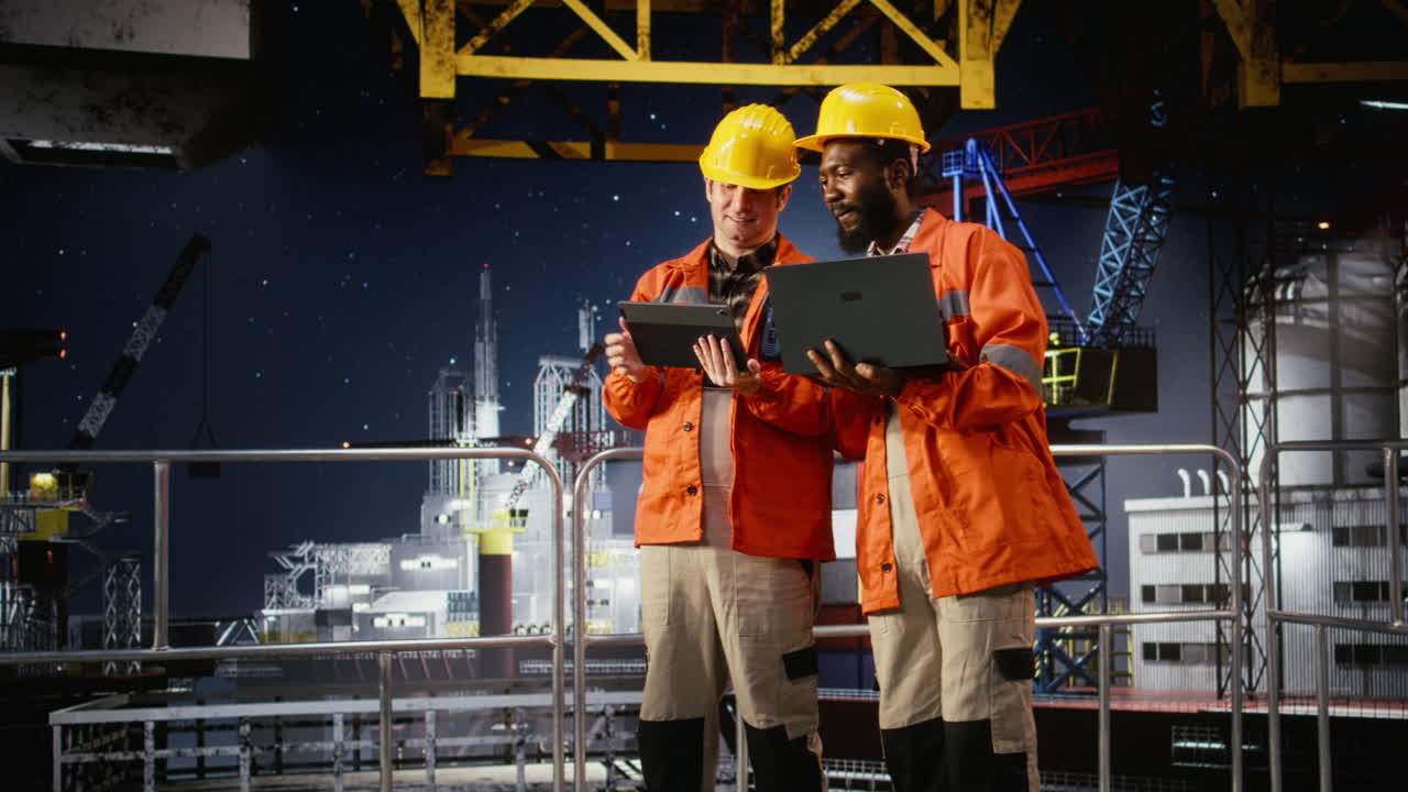 Environmental officers on offshore platform inspect oil drilling systems
