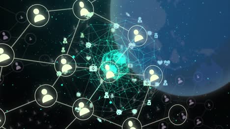animación de iconos y puntos conectados que forman un globo sobre un globo azul contra un fondo negro
