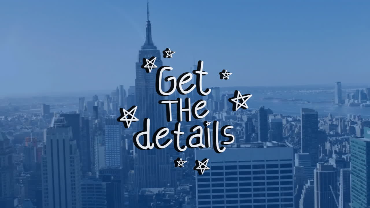 Hand-lettered text hovering over urban skyline, showcasing star doodles and flat skyscraper icons