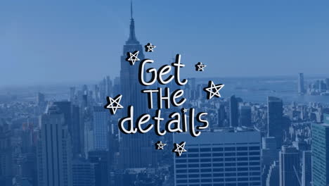 hand-lettered text hovering over urban skyline, showcasing star doodles and flat skyscraper icons