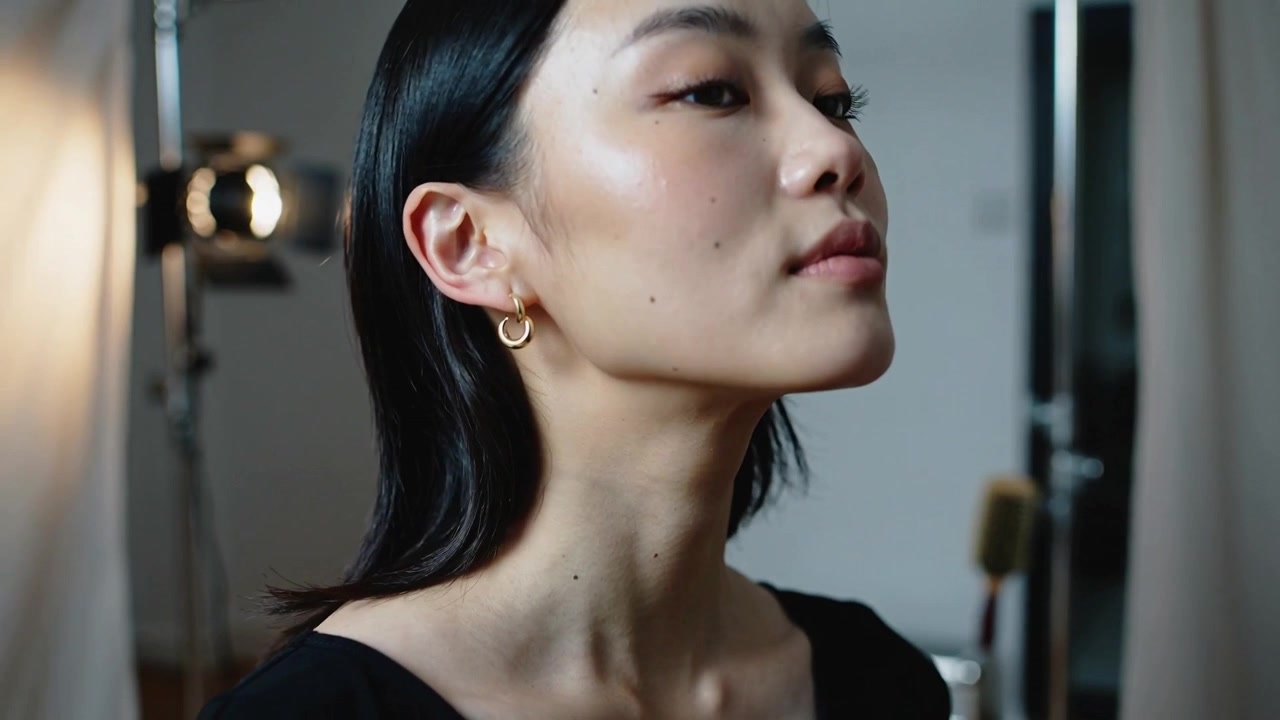 Alzando la mano, modella asiatica che si sistema i capelli, mostrando orecchini a cerchio d'oro con un top nero in studio