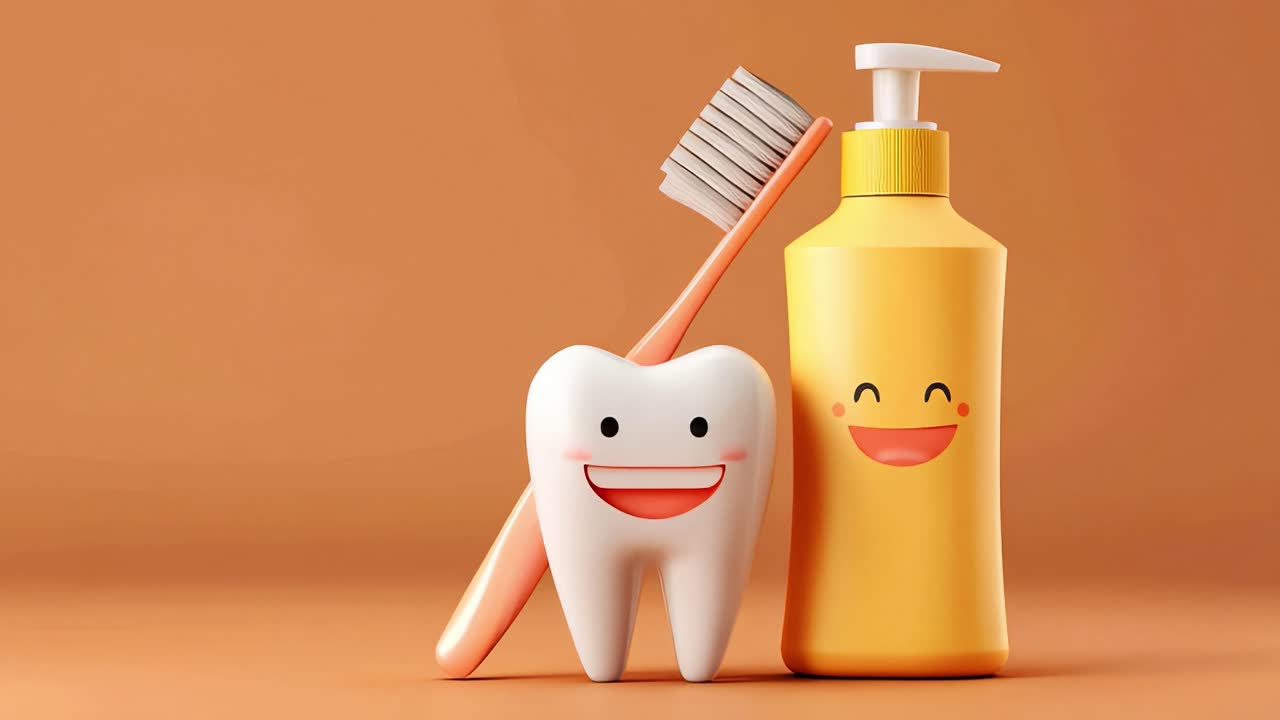 Playful Dental Care Setup Featuring a Smiling Tooth, Cheerful Toothbrush, and Happy Toothpaste Bottle Perfect for Engaging Children's Oral Hygiene Education and Promotion