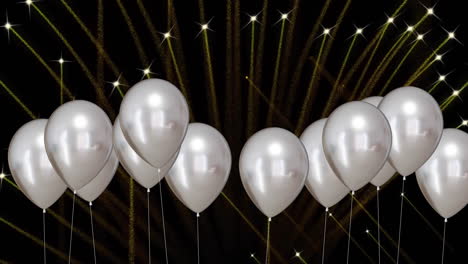 animation of fireworks and silver balloons on black background