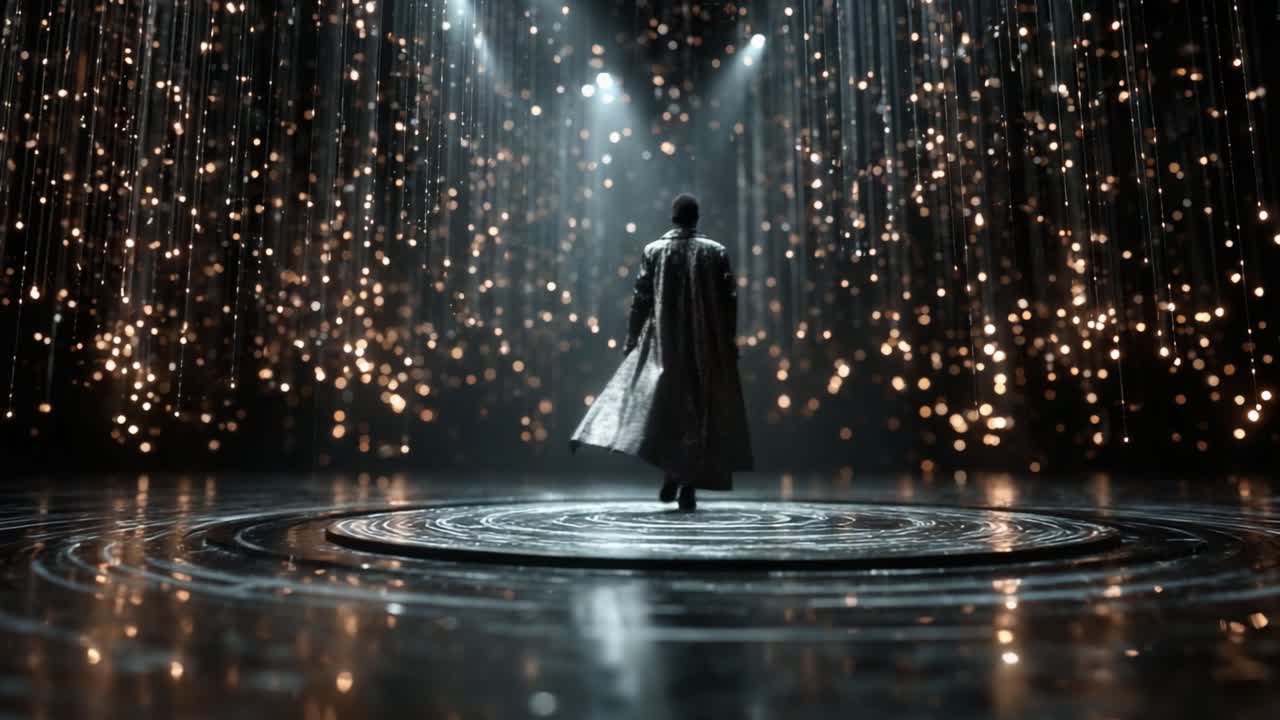 A captivating figure adorned in a shimmering cloak stands at the center of an enchanting, illuminated stage filled with dazzling lights and swirling patterns, evoking a sense of wonder and artistry