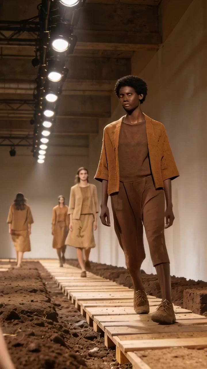 Vertikal video: Gående model følger lys på planke-catwalk med jord, jordfarvet kjole, plads til tekst.