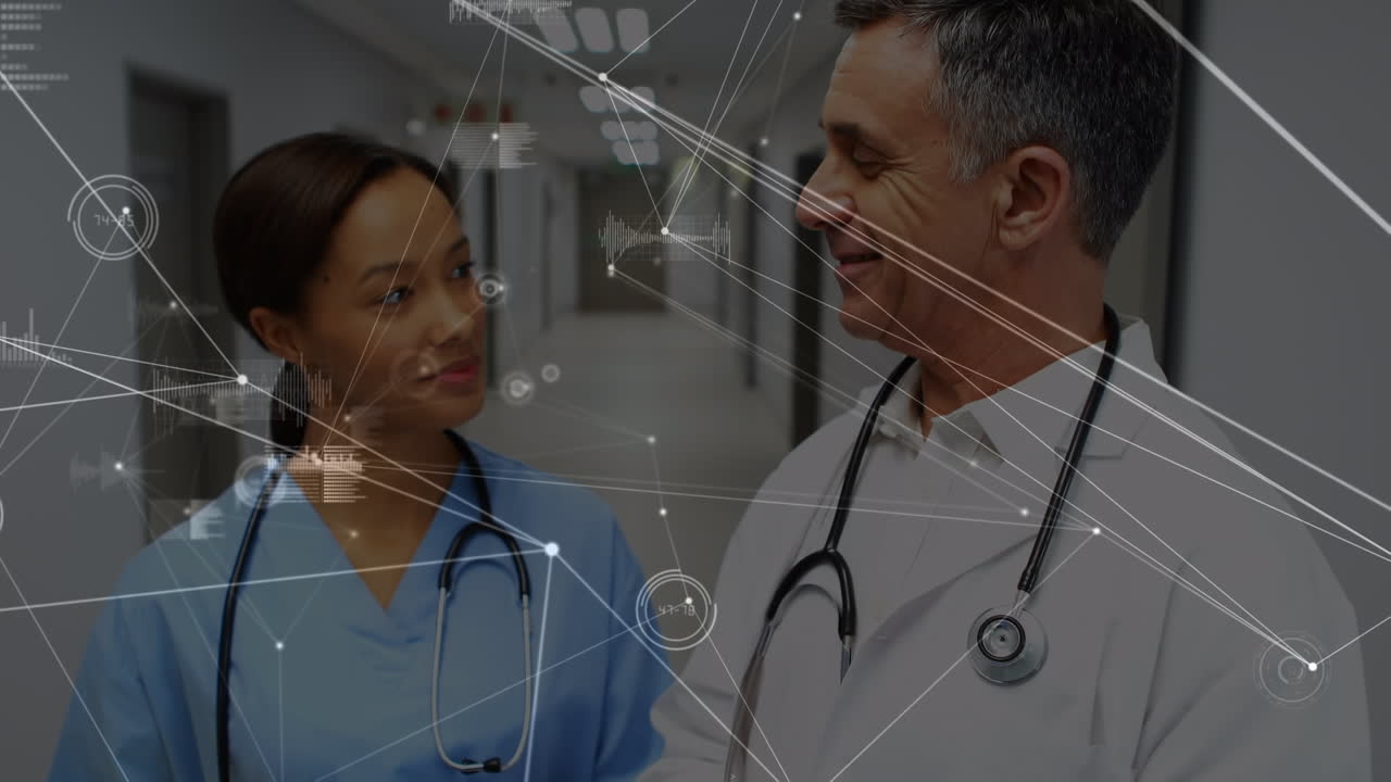 Animação de rede de conexões e processamento de dados sobre médicos diversos em hospital