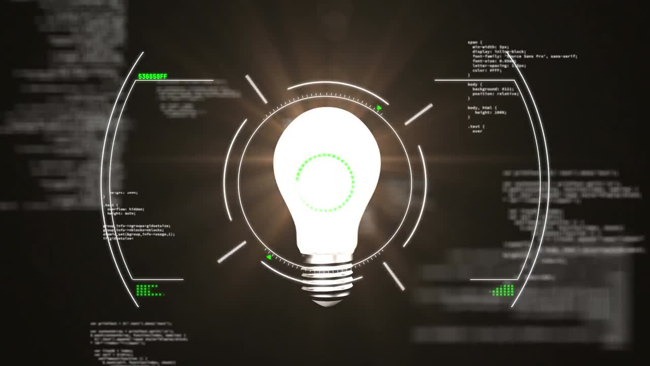 Animation of data processing over lightbulb on black background