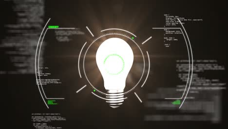 animación del procesamiento de datos sobre una bombilla sobre fondo negro
