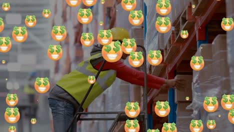 animation of emoji icons over caucasian female worker in warehouse