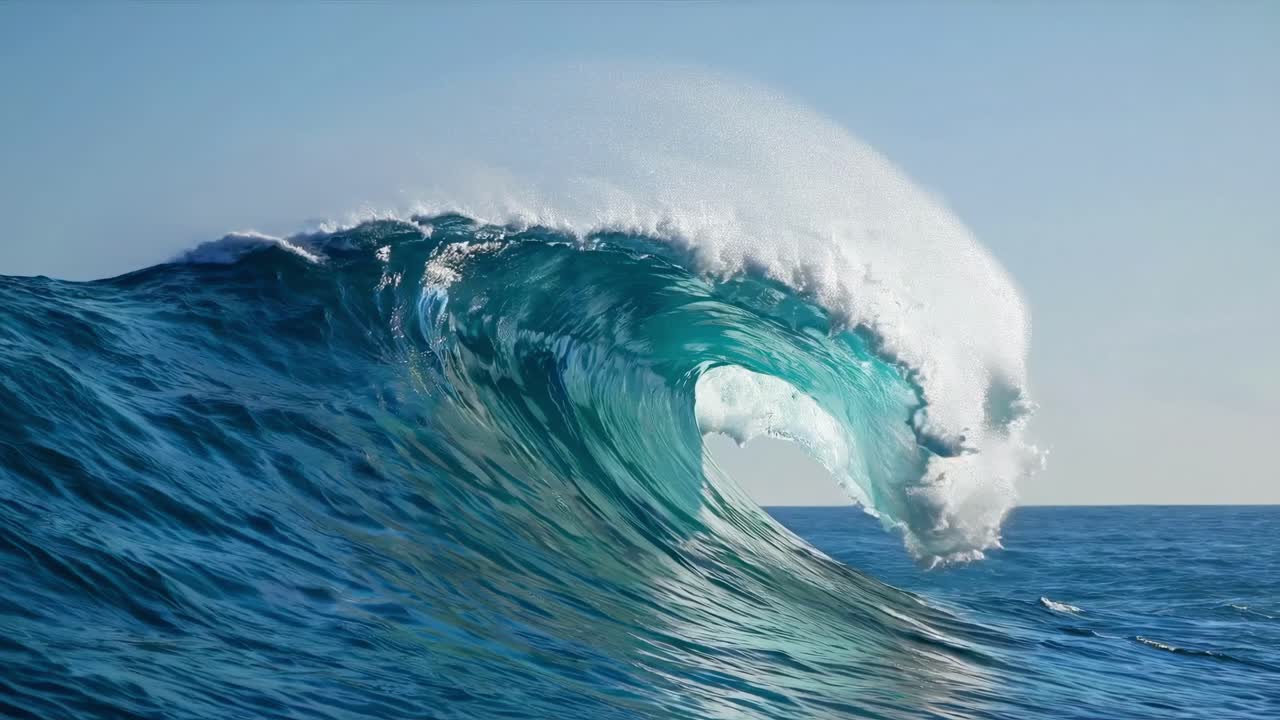 Dynamic ocean wave captured from a low-angle, showcasing its power and beauty