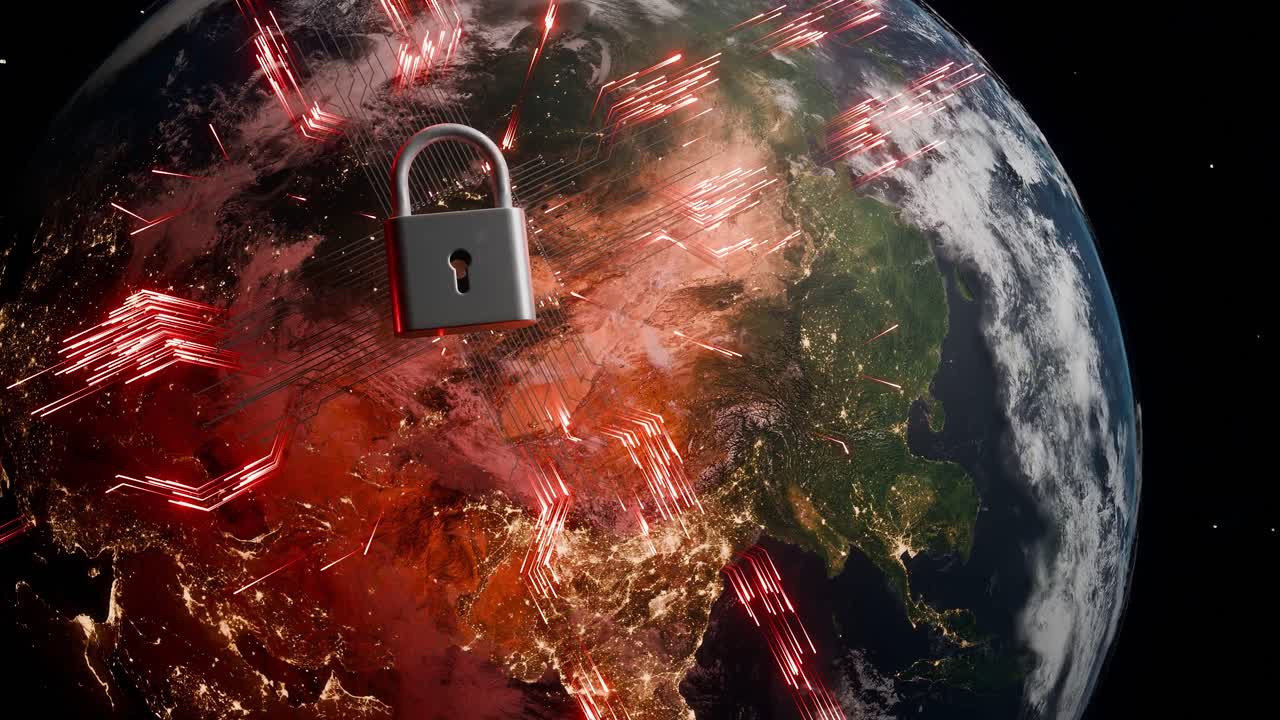 Asia view from space with cyber lock and red digital connections. Cybersecurity and data protection concept. Global network security visualization for poster and wallpaper