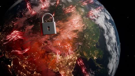 asia view from space with cyber lock and red digital connections. cybersecurity and data protection concept. global network security visualization for poster and wallpaper