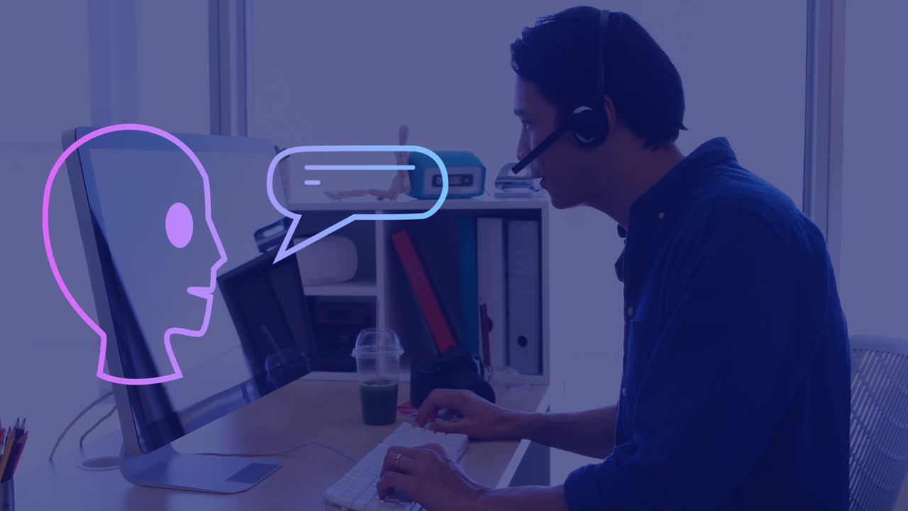 Animation of ai text, icons and data processing over asian man using computer