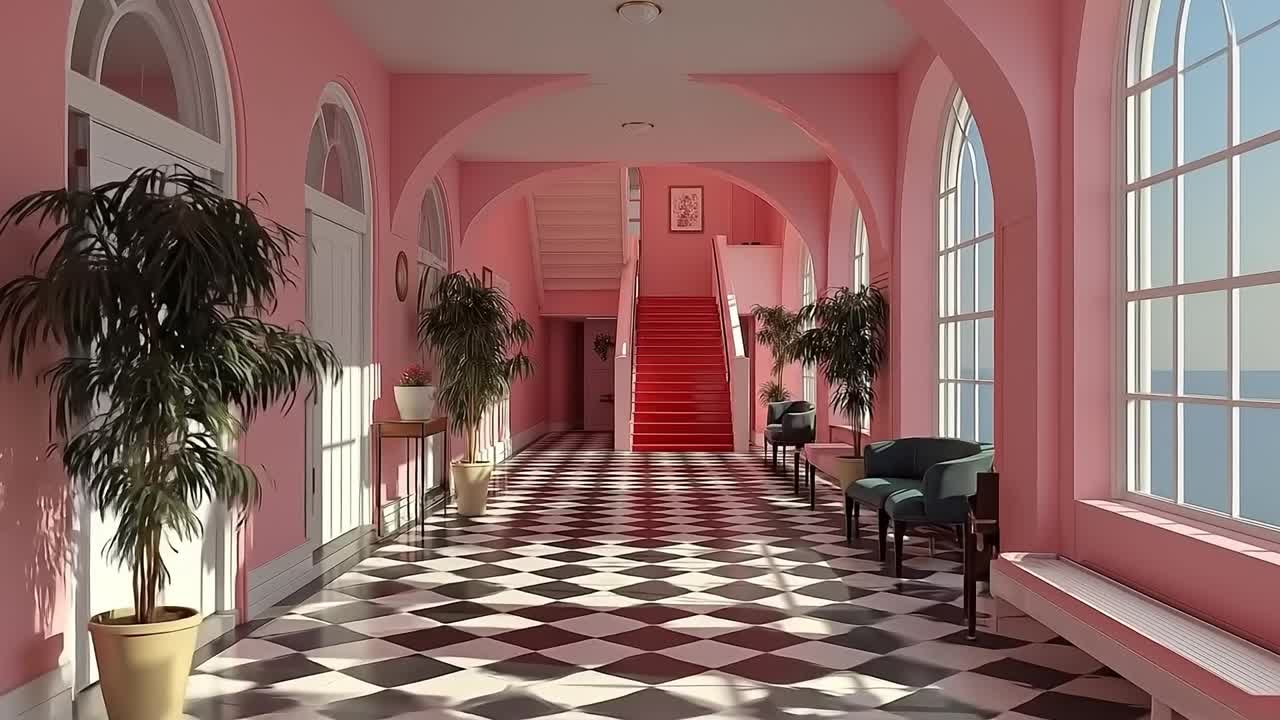 A hallway with a checkered floor and pink walls