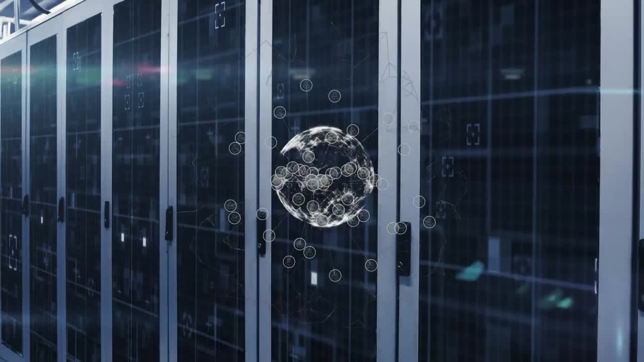 Animation of globe with network of connections over computer servers