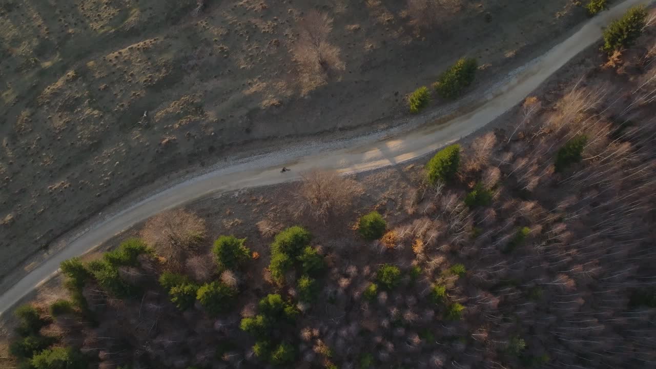 un camino de tierra sinuoso con un ciclista de montaña a través de un bosque durante el otoño con árboles escasos y sombras, vista aérea