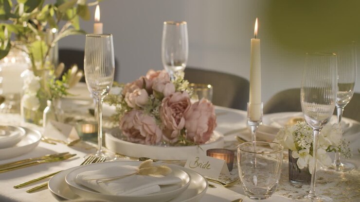 Close Up Of Table Set For Meal At Wedding Reception With Place Card For Bride 2