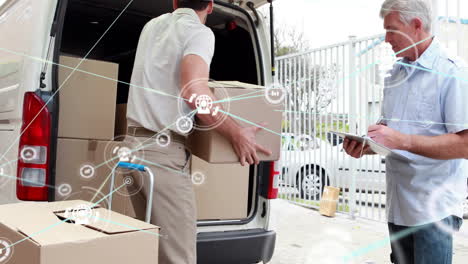 loading boxes into van, logistics network animation over delivery process