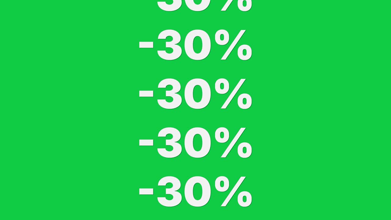 Stacked minus 30 percent text repeats vertically and scrolls upward on green screen