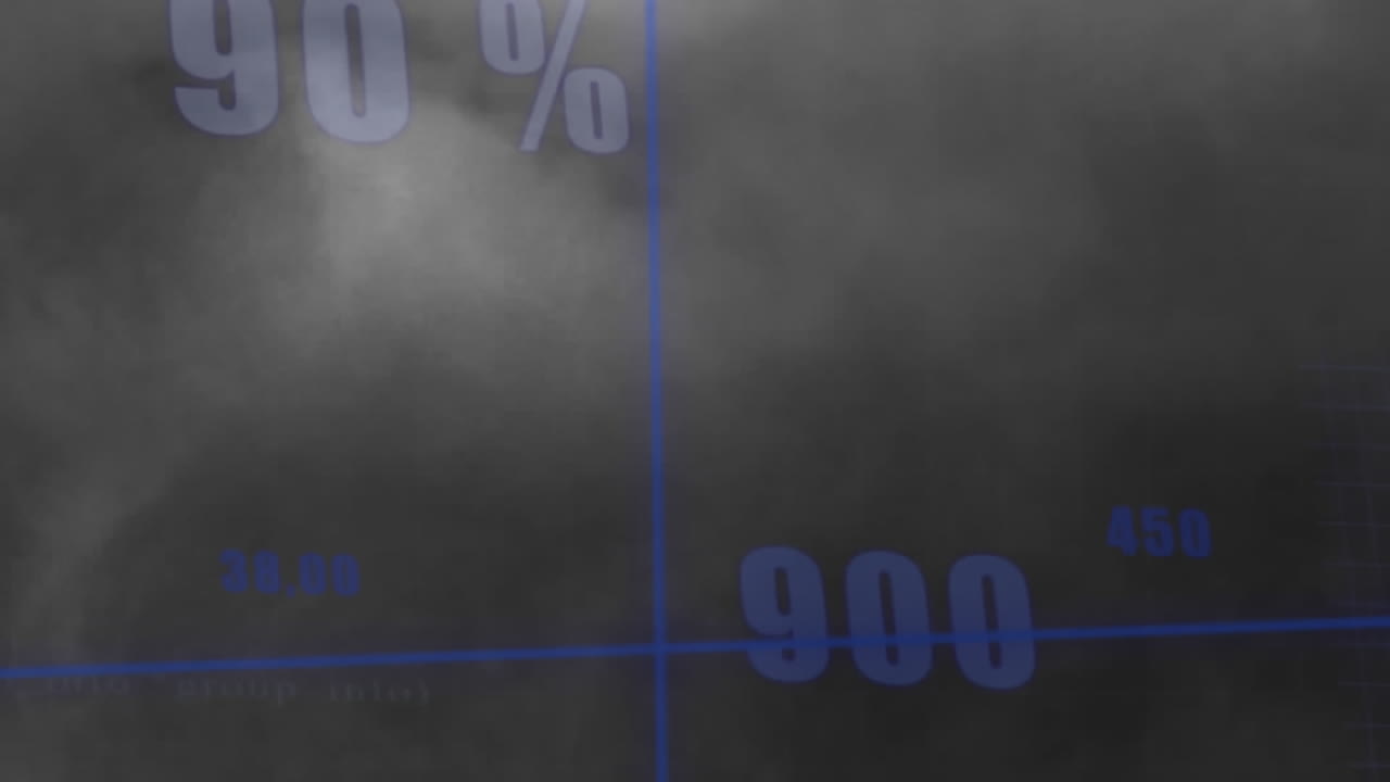 Animation of multiple changing numbers and statistical data processing against dark clouds