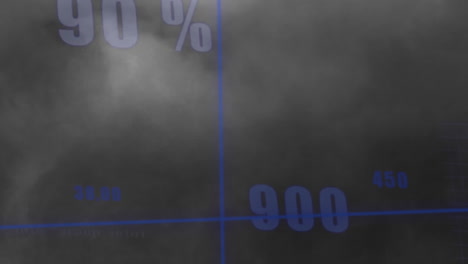 animation of multiple changing numbers and statistical data processing against dark clouds