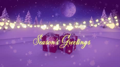 Animation-of-seasons-greetings-text,-strings-of-glowing-christmas-fairy-lights-and-presents