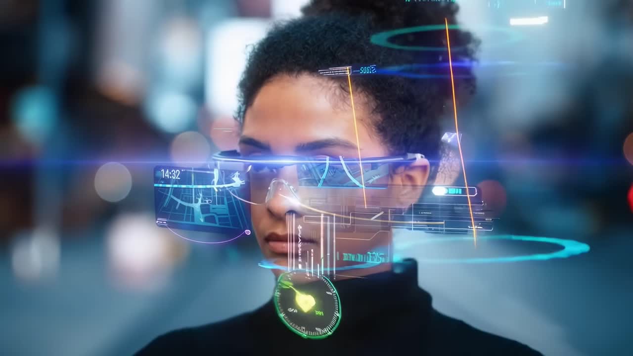 Giovane Donna con Occhiali Smart Futuristici a Realtà Aumentata