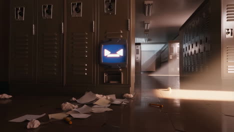 school hallway with retro tv