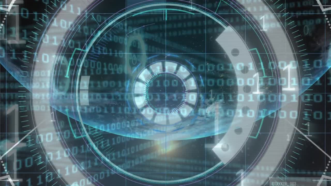 Databehandling med binær kode og rund scanner mod nærbillede af en globus på sort baggrund.